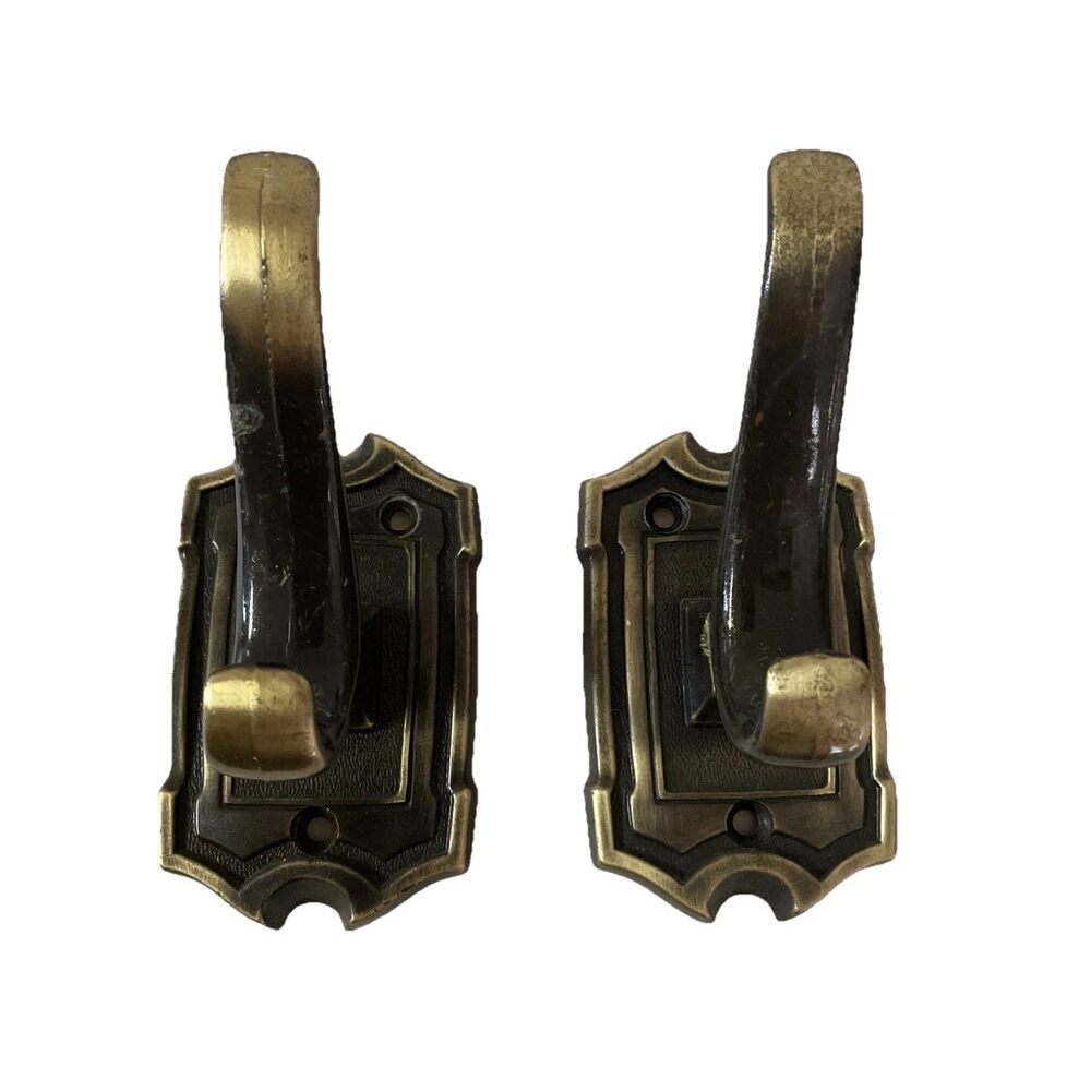 Vtg Sears Roebuck Gold Tone Metal Wall Hooks Set of 2 Antique Brass Finish
